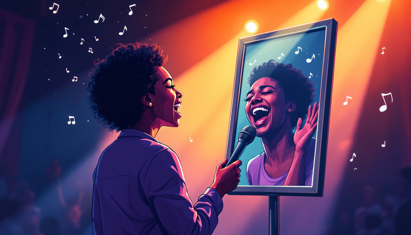 Comic-Illustration einer singenden Person vor dem Spiegel, die überrascht und freudig ihre Stimme entdeckt – mit Musiknoten im Hintergrund.