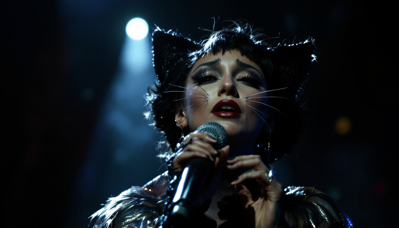 Emotionale Darstellung einer Sängerin im Musical "Cats" mit starker Körpersprache und Mimik