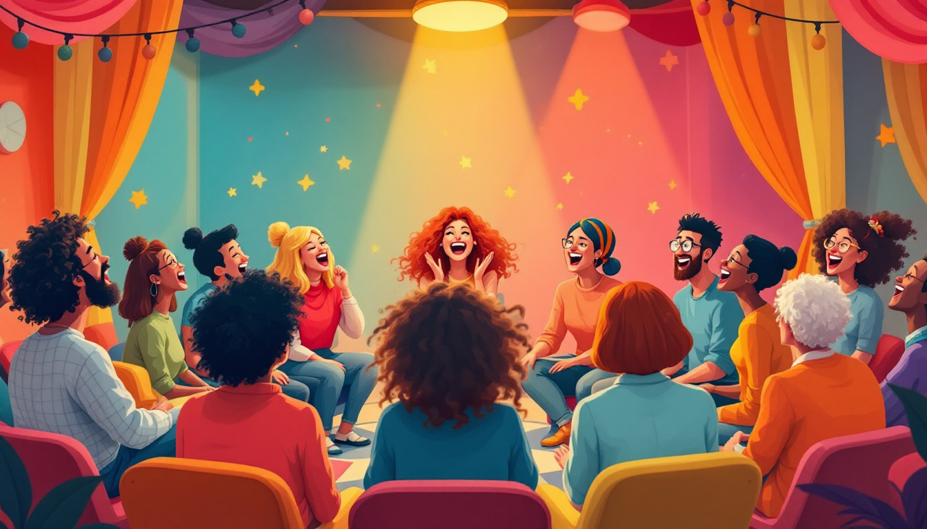 Teilnehmende eines Gesangskurses mit unterschiedlichen Hintergründen beim gemeinsamen Singen – humorvolle, entspannte Atmosphäre.