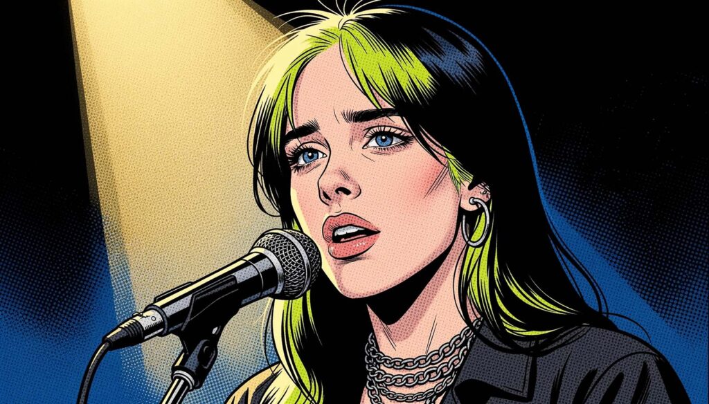 A singer sings softly and intently into the microphone, with a modern pop vocal sound—Billie Eilish