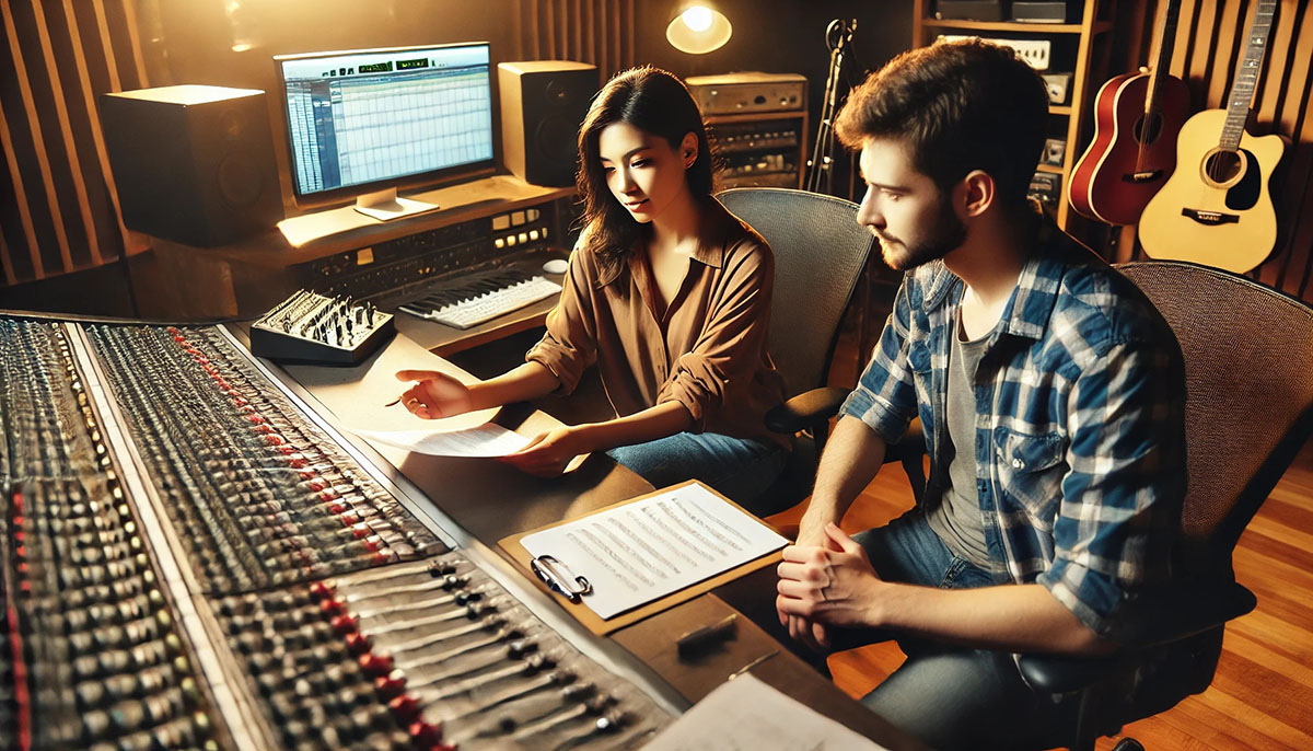 Zwei Musiker arbeiten gemeinsam an einem Song im Studio