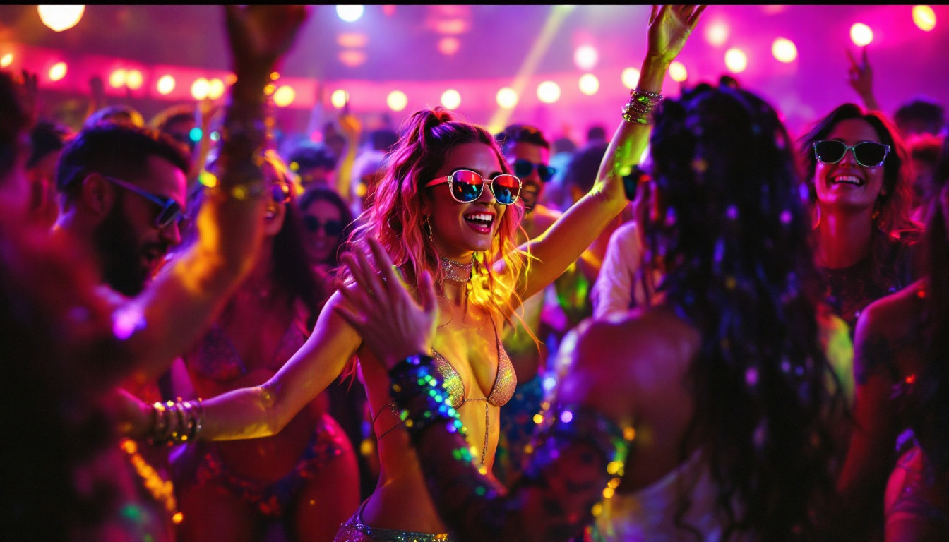 Tanzende Crowd in Glitzeroutfits – musikalischer Eskapismus in der Disco