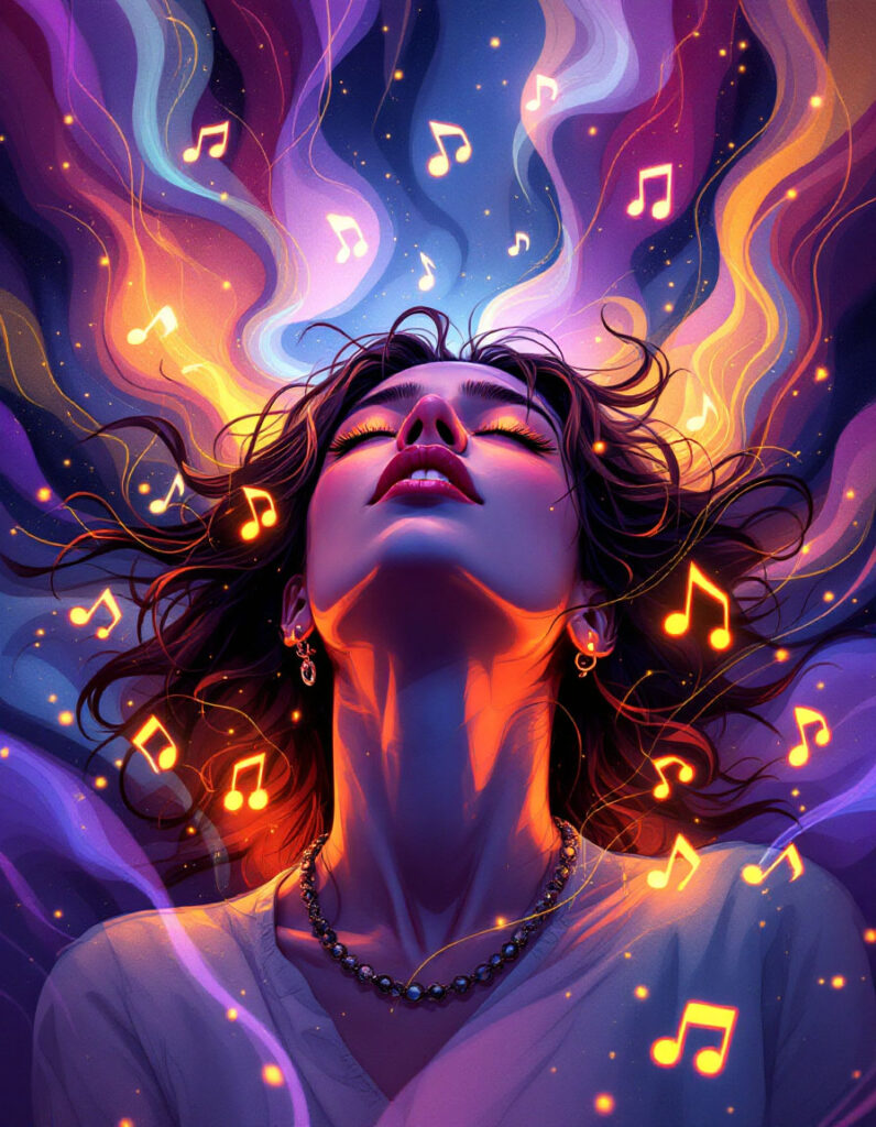Sänger:in in einem Flow-Zustand mit fließenden Musiknoten – künstlerisch-illustrierte Darstellung von Übungsfokus.