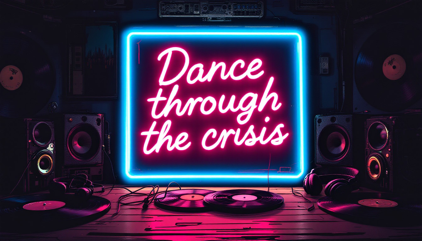 Neonschriftzug ‚Dance through the crisis‘ – Symbol für Recession Pop