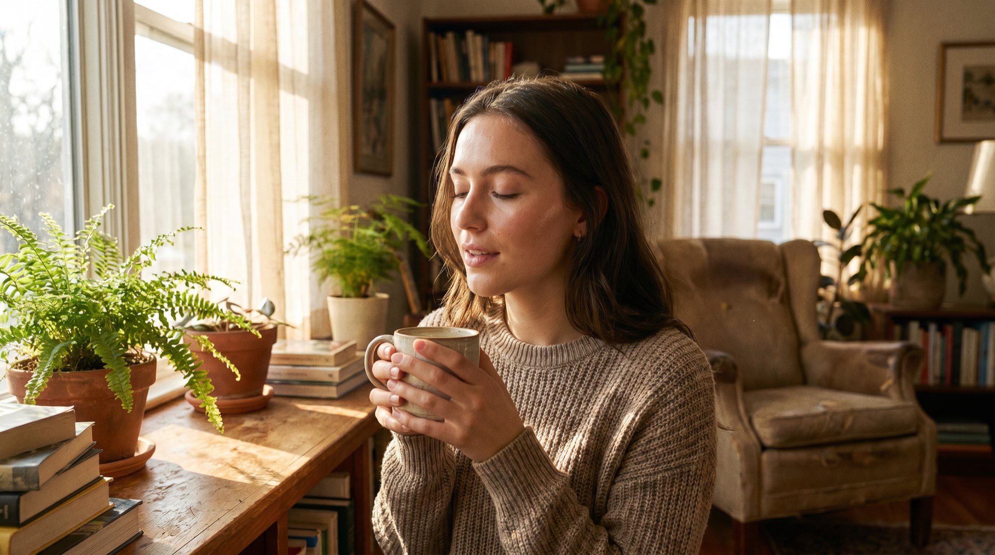 Sängerin bei ihrer morgendlichen Stimmbildungs-Routine – summt entspannt am Fenster mit einer Tasse Tee